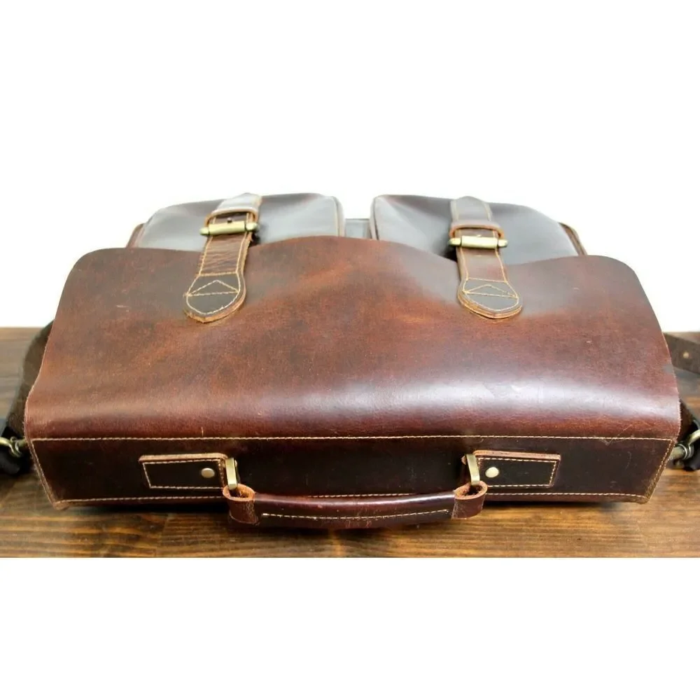 NATURAL WAX BROWN HEAVY GENUINE LEATHER BUSINESS SHOULDER BAG ATTACHE BRIEFCASE - Picture 6 of 11